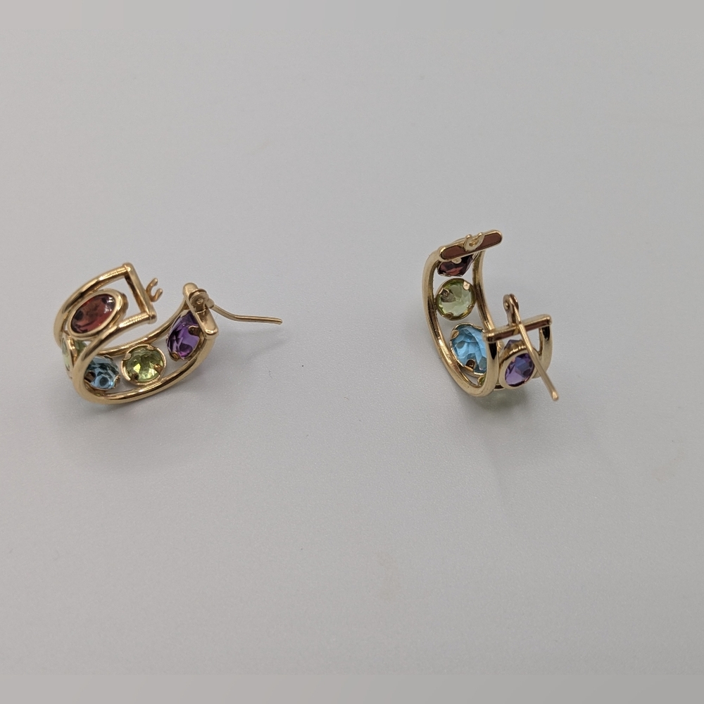 Sold ♥️14k Yellow Gold Amethyst Peridot Blue Topaz Multi-Gemstone Hoop Earrings - Picture 14 of 16